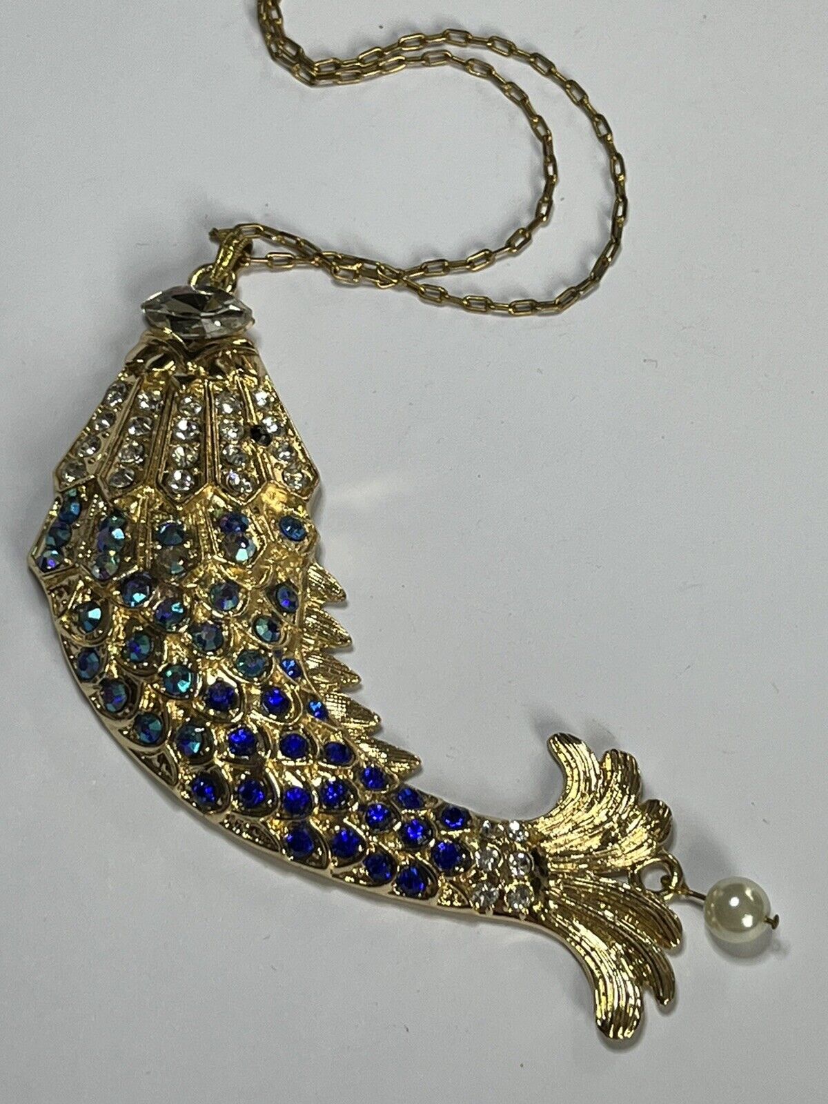 Vintage Gold Tone Blue Diamanté Fish Statement Pendant Necklace