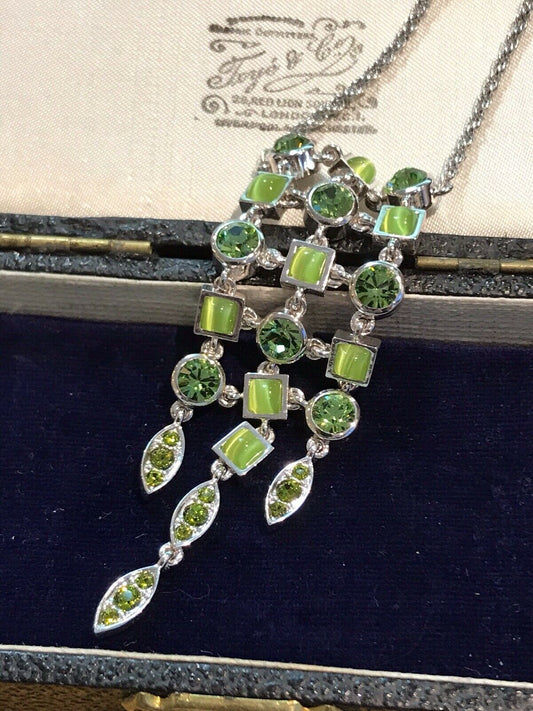 Green Stone Diamanté Drop Necklace 1980s