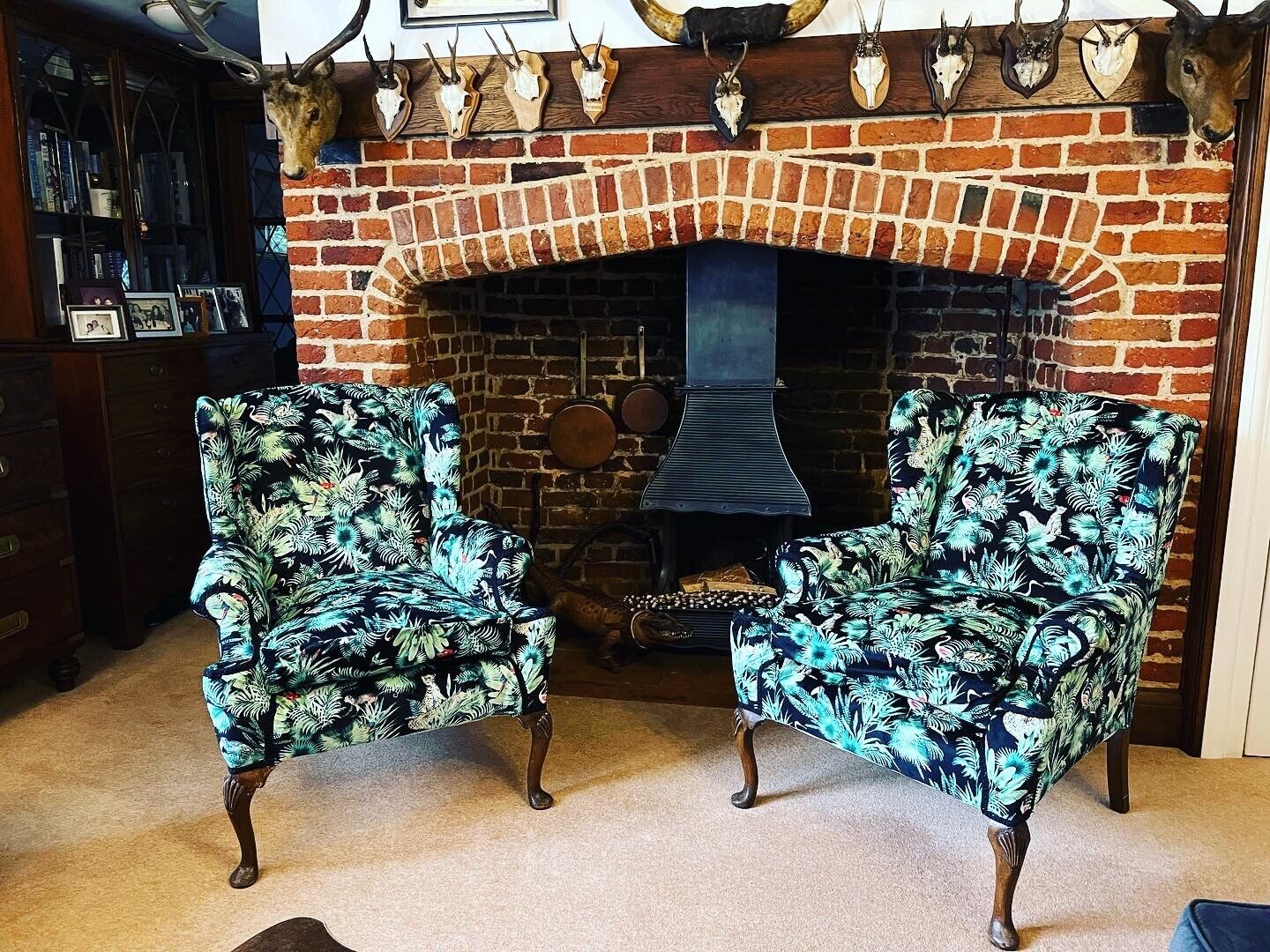 Library Armchairs Newly Upholstered In Birds And Wild Animals Of Paradise