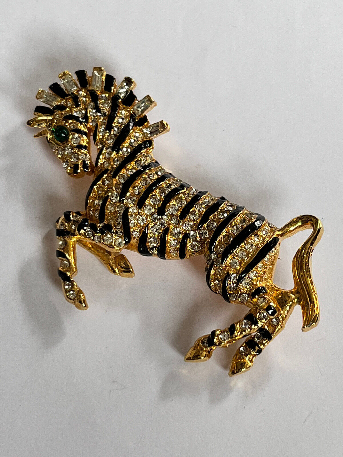 Vintage Gold Tone Diamanté Enamel Stylised Zebra Brooch