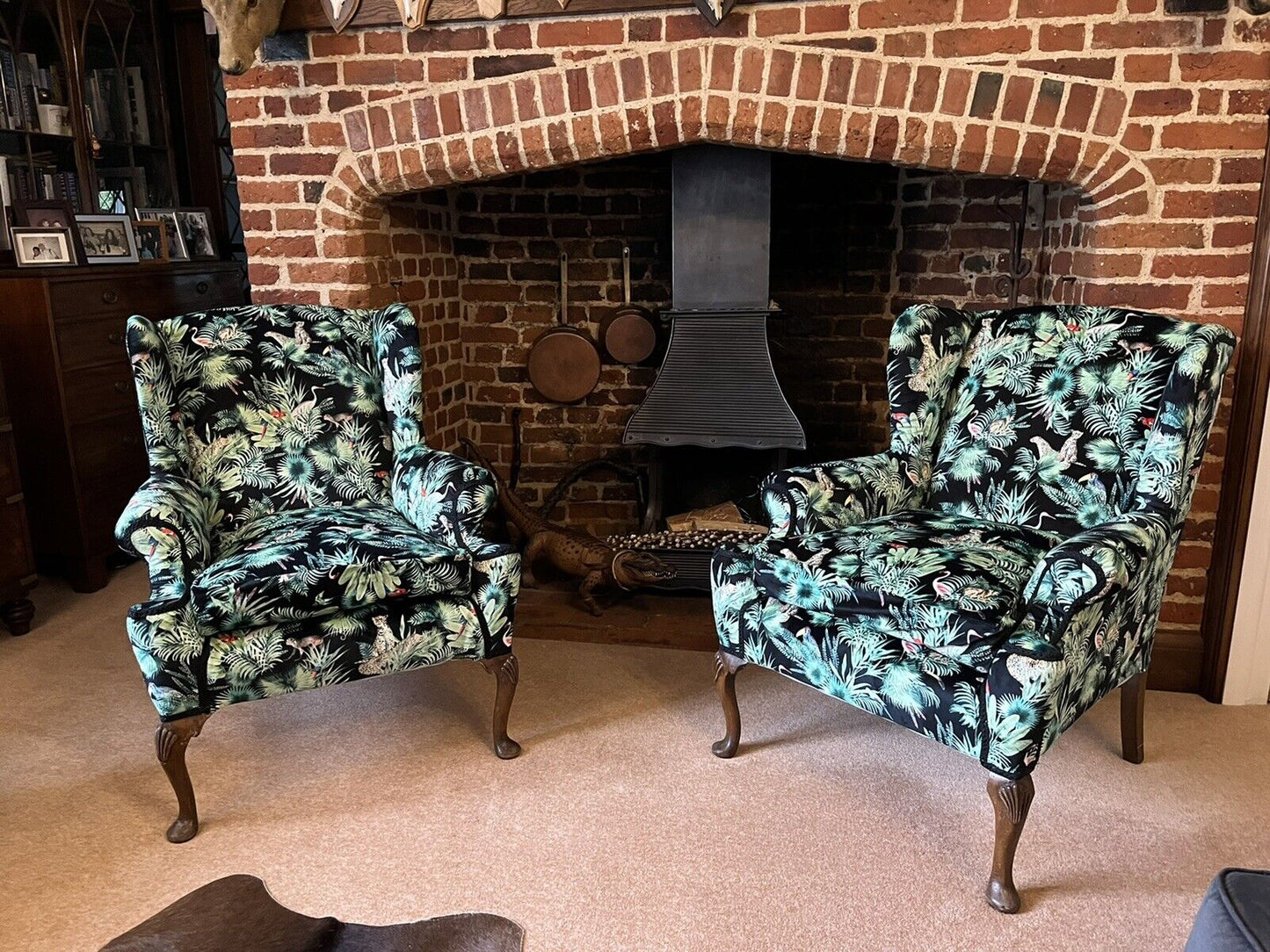 Library Armchairs Newly Upholstered In Birds And Wild Animals Of Paradise