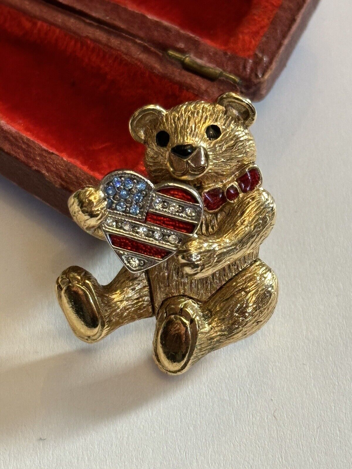 Vintage Gold Tone Signed Christopher Radko Teddy USA Flag Brooch