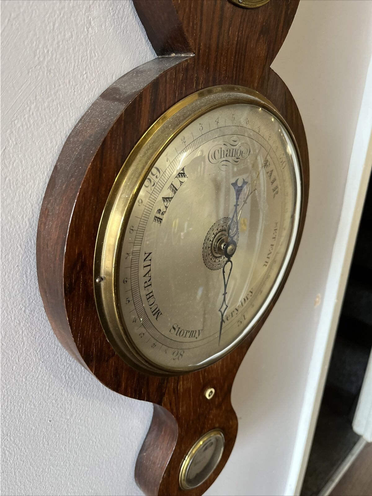 Victorian Barometer In Rosewood Case, Convex Glass, Silvered Dials.