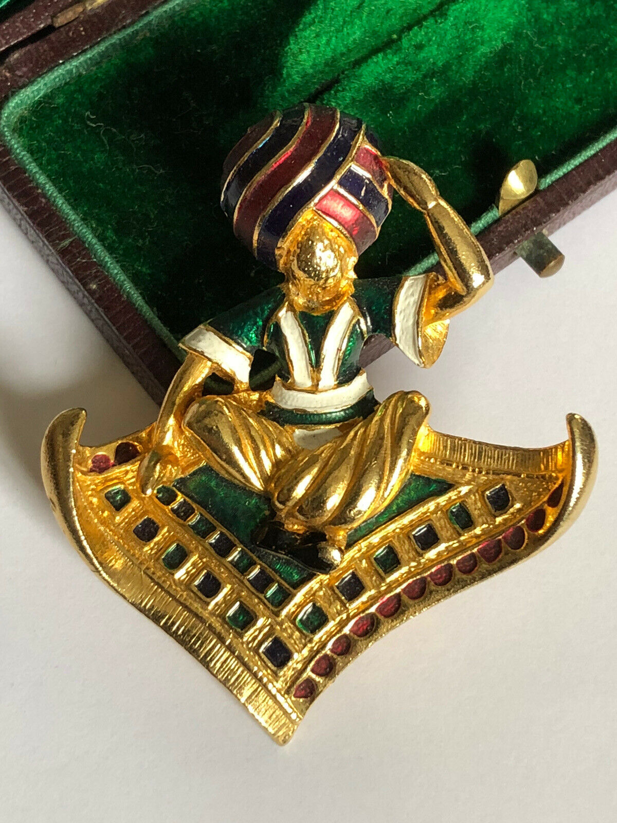 Vintage Gold Tone Enamelled Man On Flying Carpet