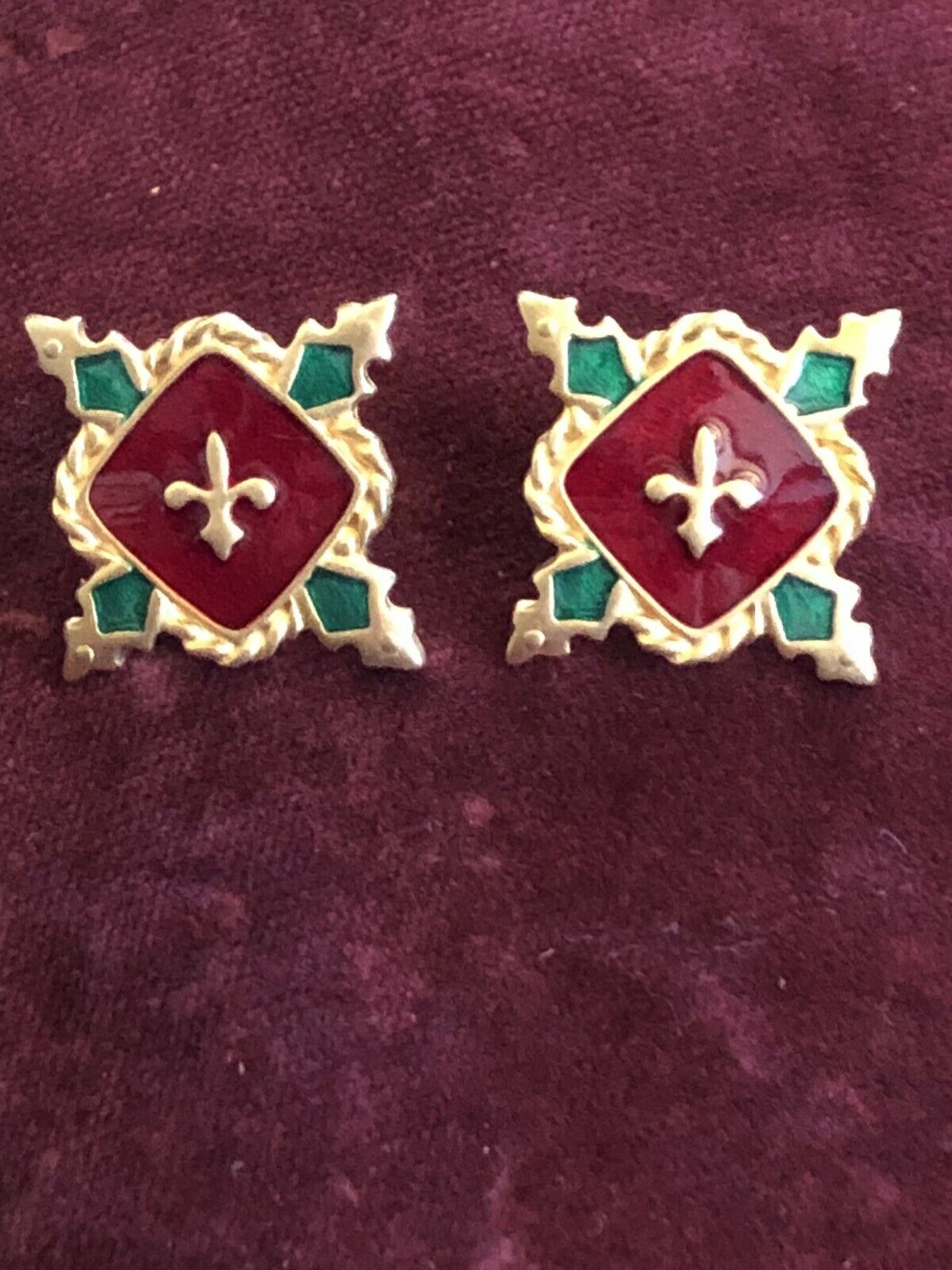 Vintage Gold Tone Red Green Enamel Pierced Earrings