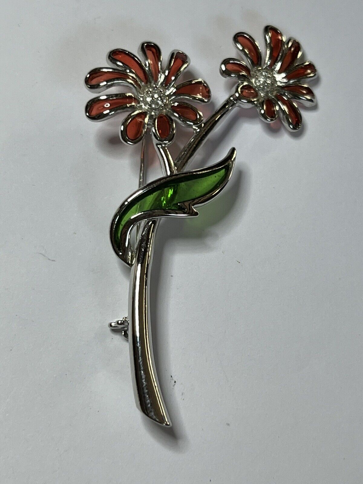 Vintage Silver Tone Plaque A Jour Red Flowers Brooch