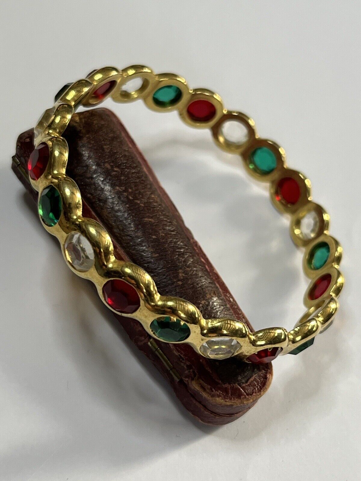 Vintage Gold Tone Red Green Clear Diamanté Inset Bangle