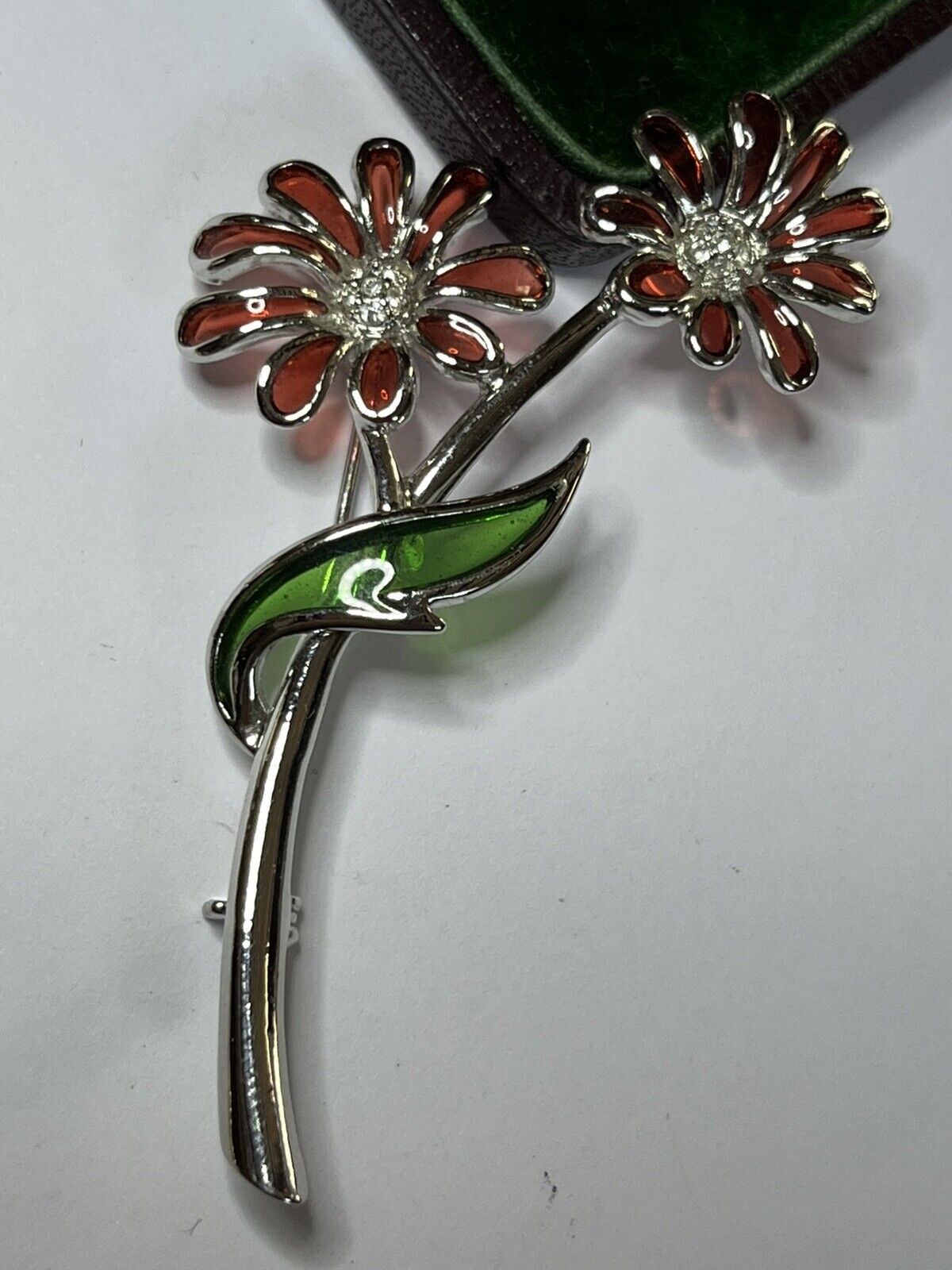 Vintage Silver Tone Plaque A Jour Red Flowers Brooch