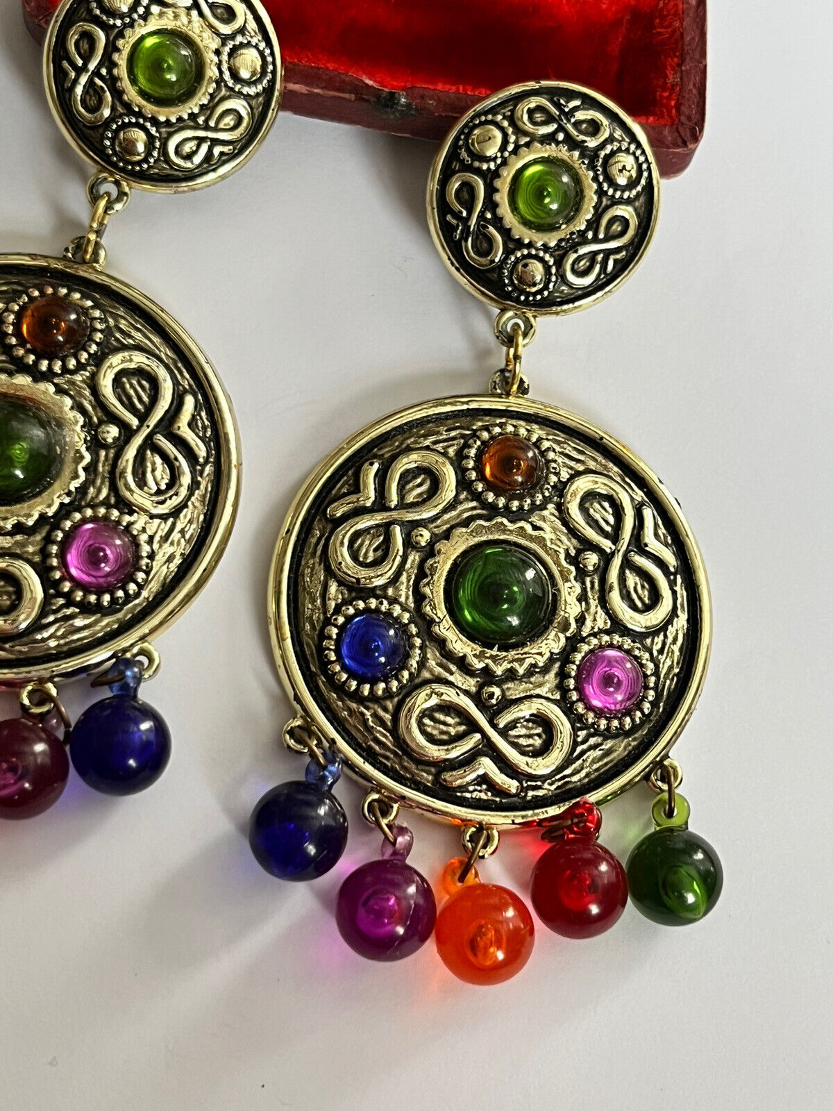 Vintage 1980s Gold Tone Multicoloured Large Statement Earrings