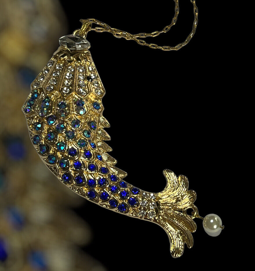 Vintage Gold Tone Blue Diamanté Fish Statement Pendant Necklace