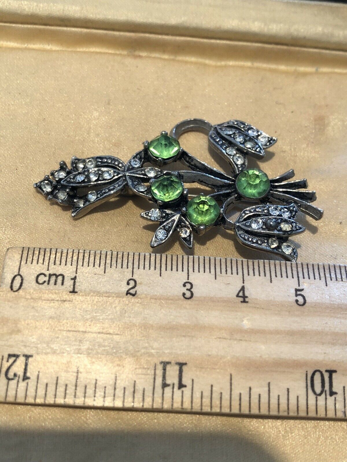 Vintage Silver Tone Green Clear Paste Flower Brooch