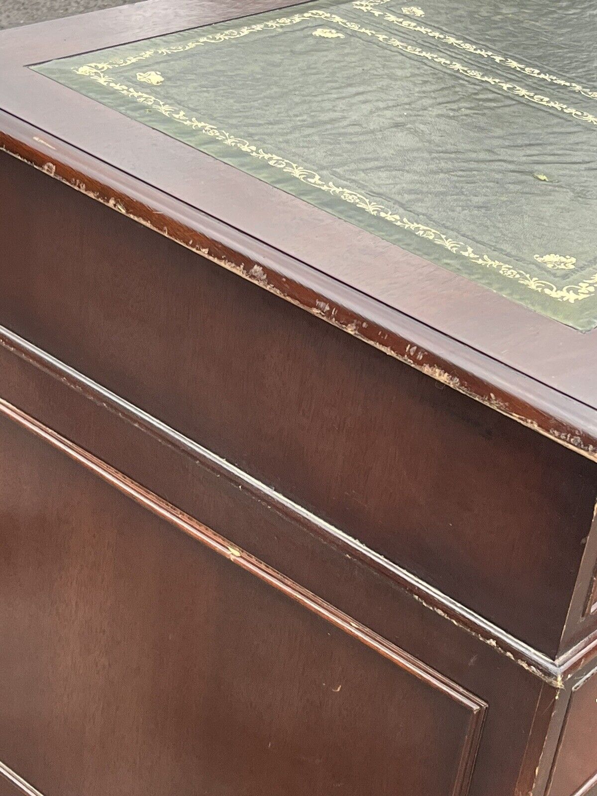 Pedestal Desk In Flame Veneer Mahogany With Green Leather Top.