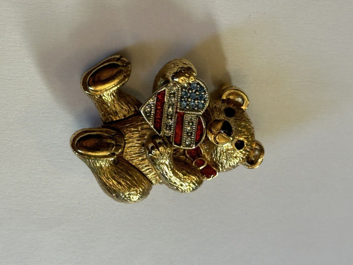 Vintage Gold Tone Signed Christopher Radko Teddy USA Flag Brooch