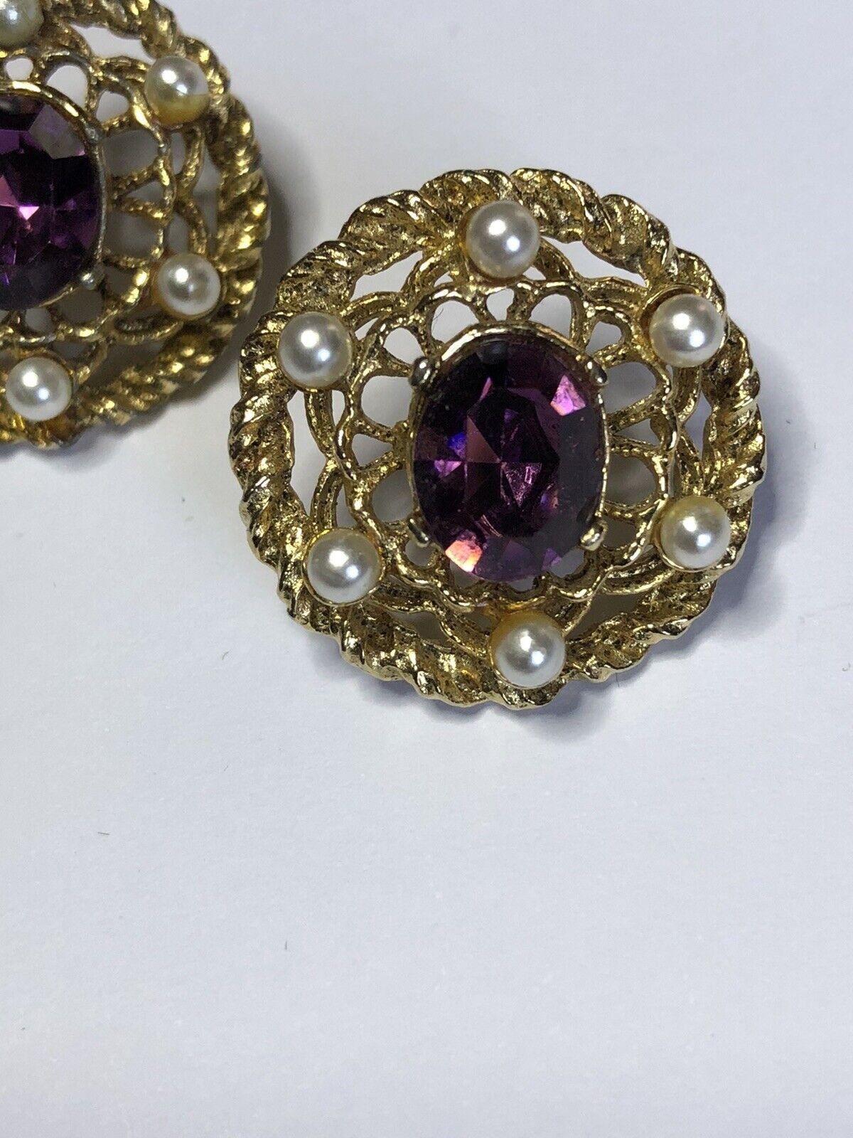 Vintage Anne Klein Purple Diamanté Faux Pearl Clip On Earrings