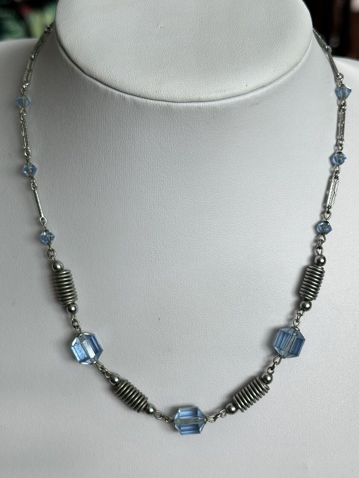 Vintage Deco Etched Silver Tone Blue Glass Bead Necklace