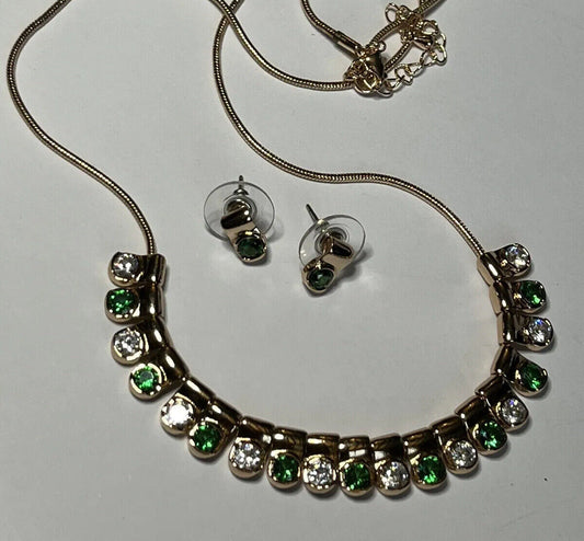 Vintage Gold Tone Green Clear Diamanté Necklace Earring Set