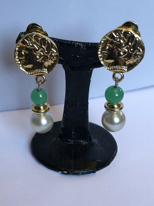 Vintage Gold Tone Green Stone Faux Pearl Etruscan Drop Earrings