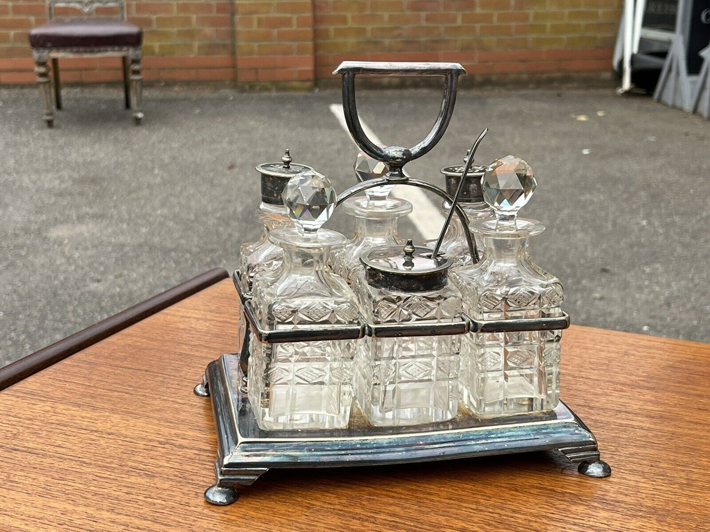 Victorian Silver Plate Cruet Set. Cut Glass Bottles