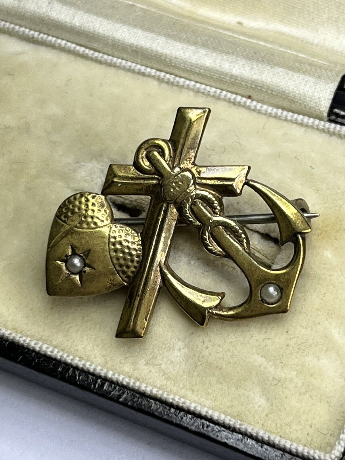 WW1 German Naval Sweetheart Faux Pearl Anchor Cross Heart Brooch