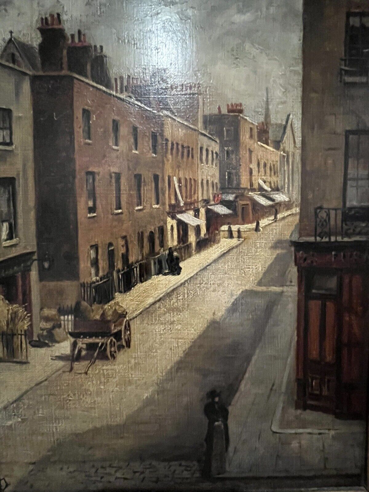 Victorian English Street Scene, Oil on board, Signed, In Gilt Frame.