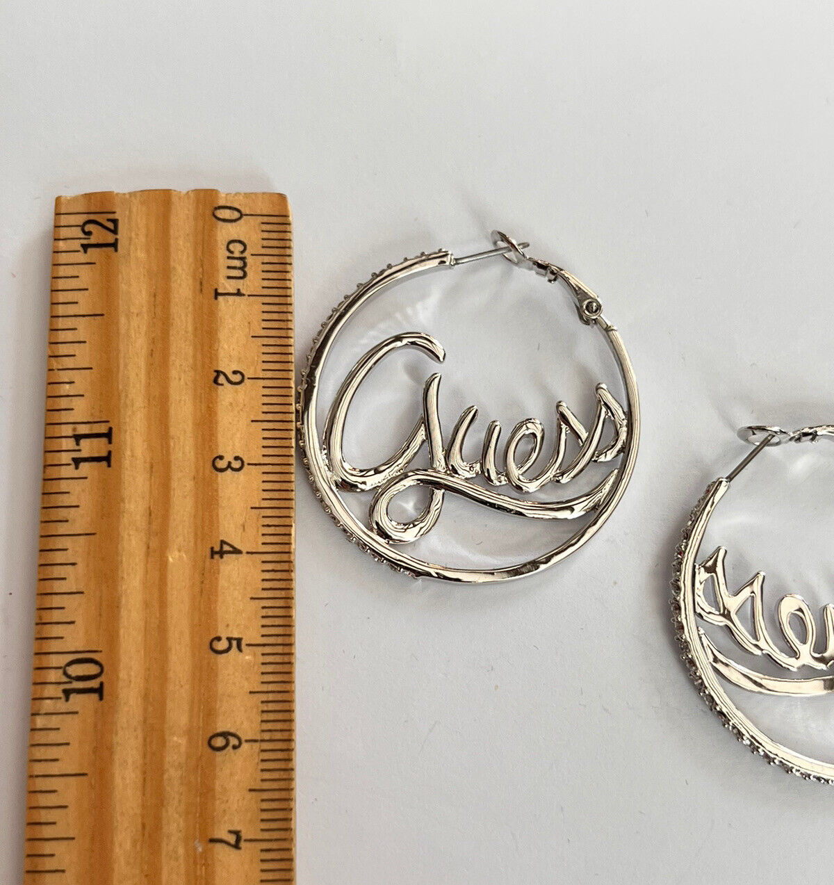 Vintage Guess Signed Silver Tone Diamanté Hoop Earrings