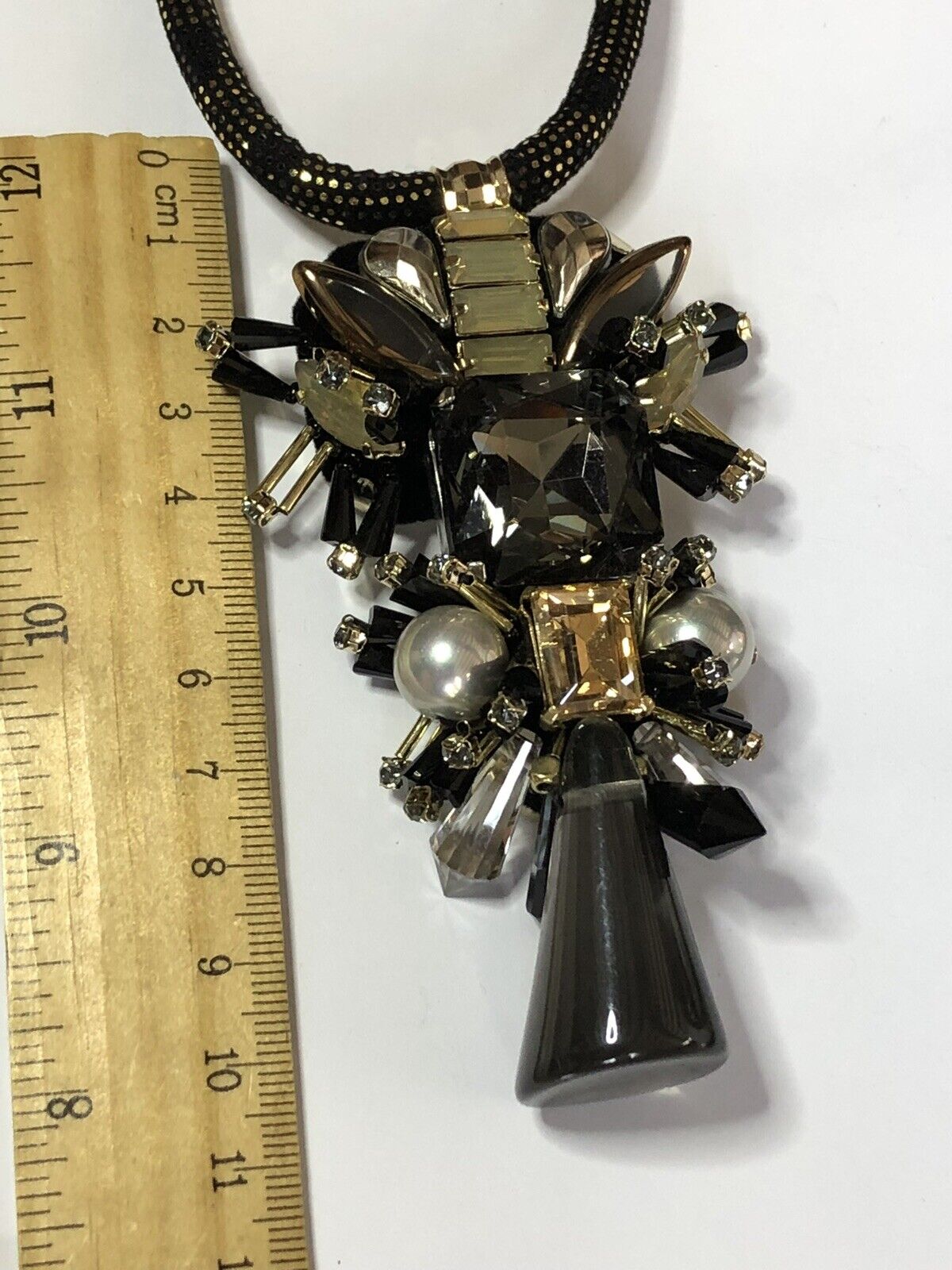 Vintage Gold Tone Black Statement Gem Beaded Pendant Necklace