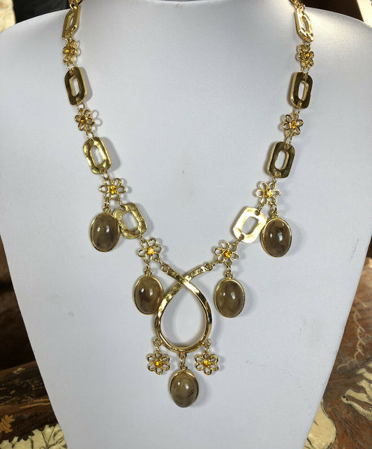 Vintage 1980s Gold Plated Unique Flowers Drop Necklace