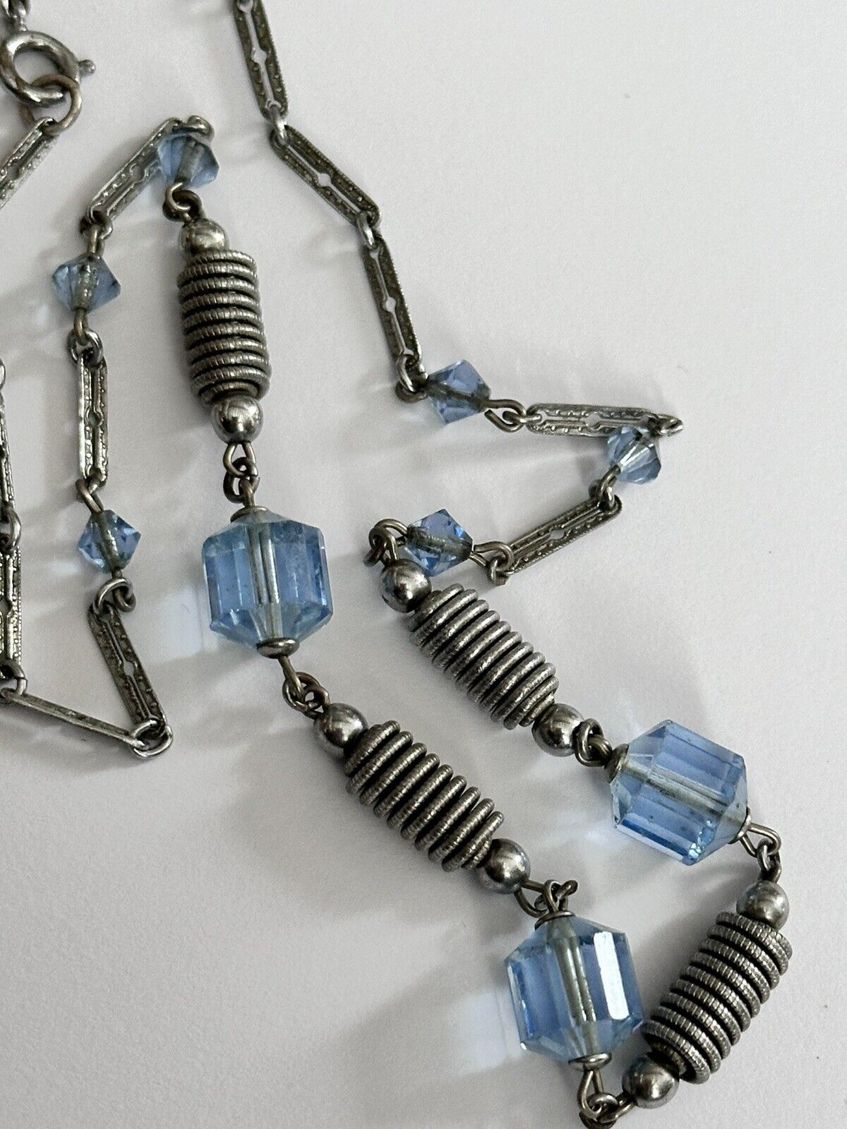 Vintage Deco Etched Silver Tone Blue Glass Bead Necklace