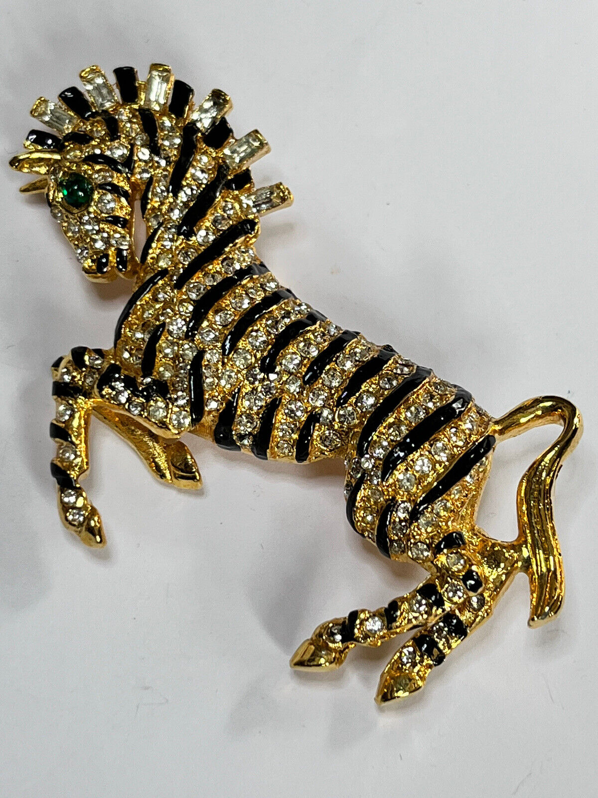 Vintage Gold Tone Diamanté Enamel Stylised Zebra Brooch