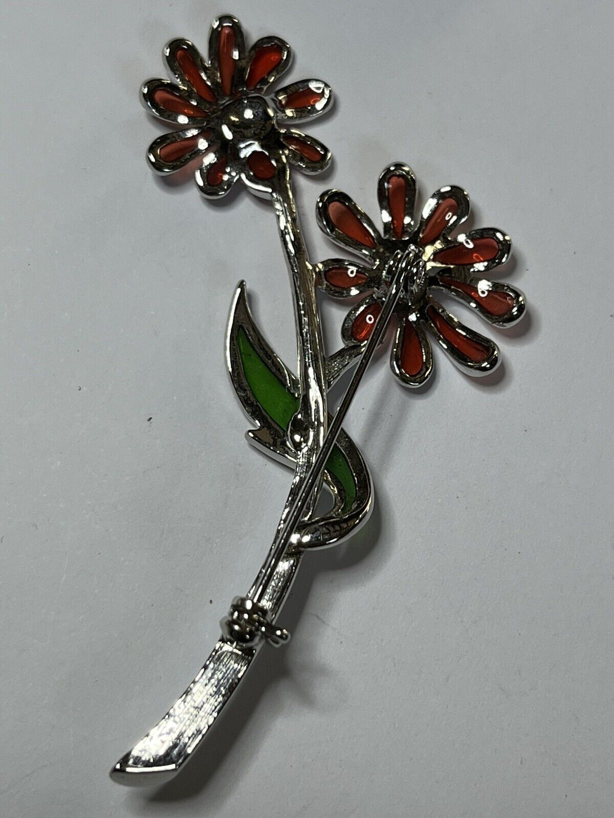 Vintage Silver Tone Plaque A Jour Red Flowers Brooch