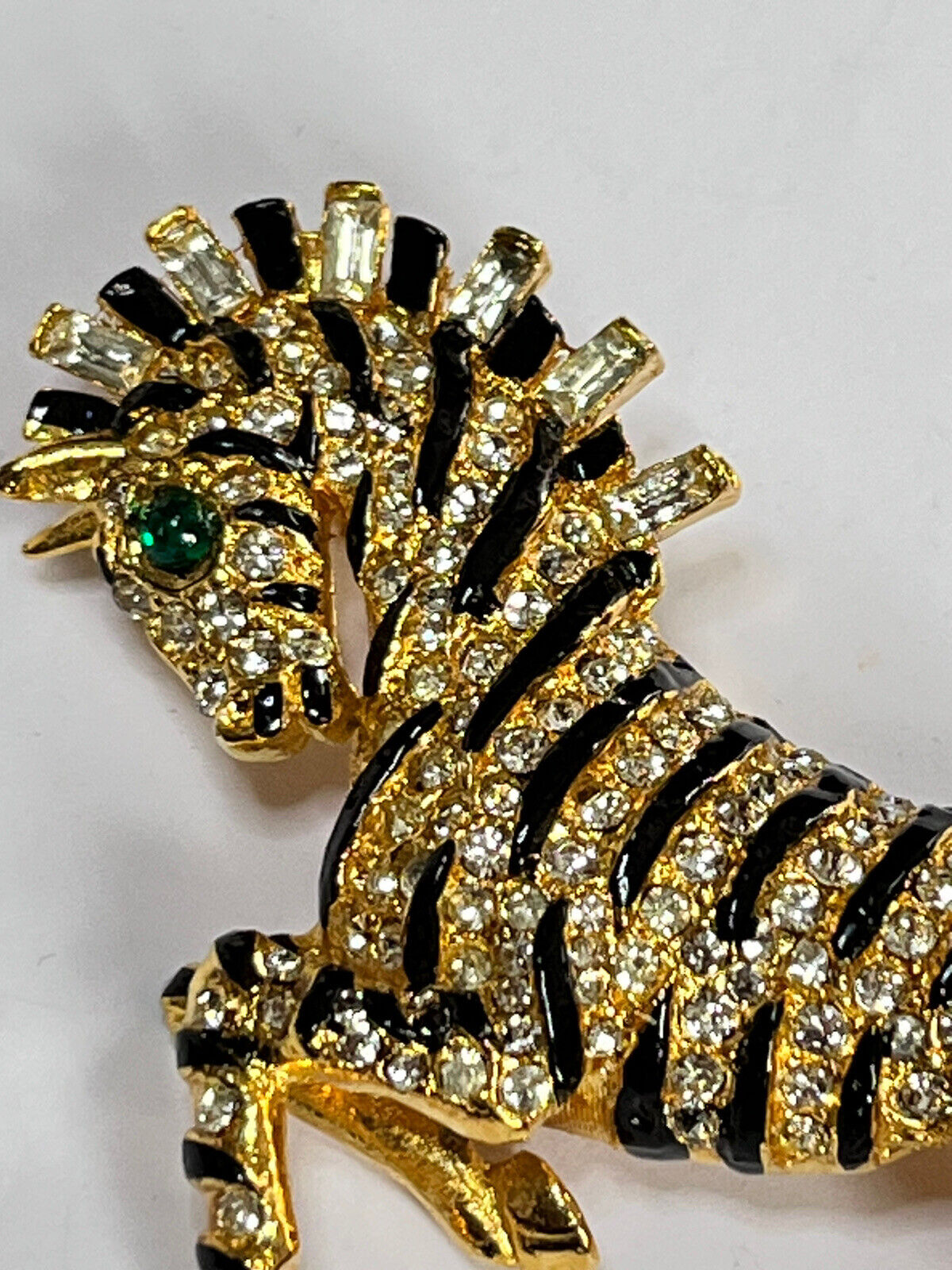 Vintage Gold Tone Diamanté Enamel Stylised Zebra Brooch