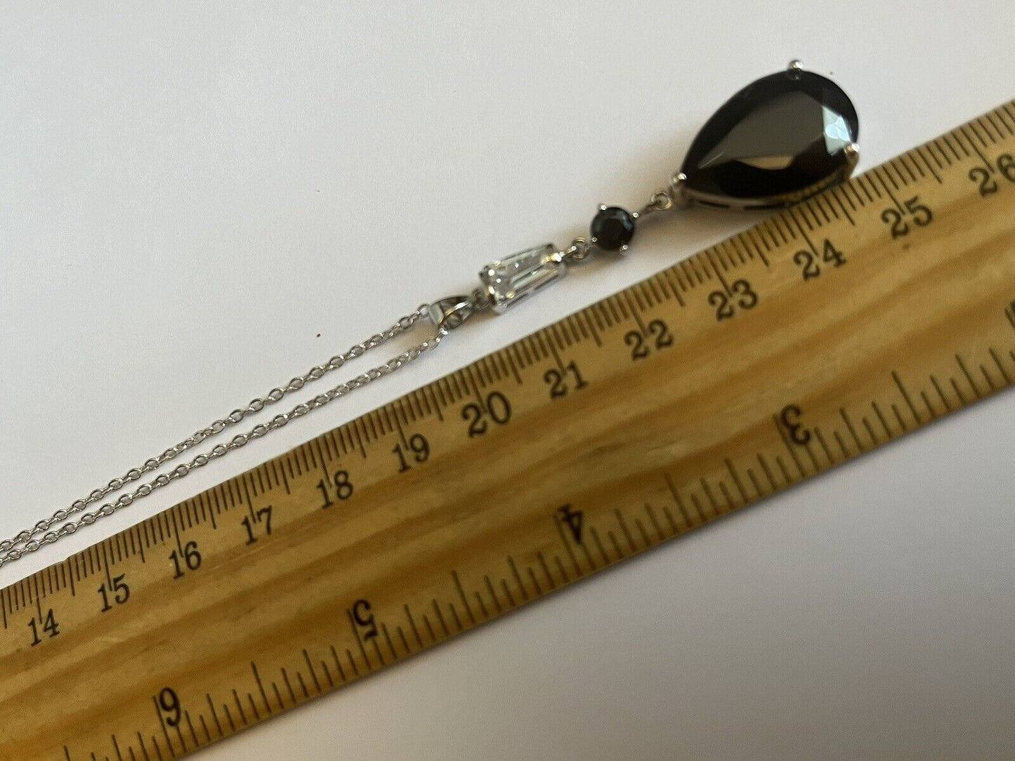 Vintage 1980s Rhodium Plated Black Clear Crystal Teardrop Necklace New Old Stock