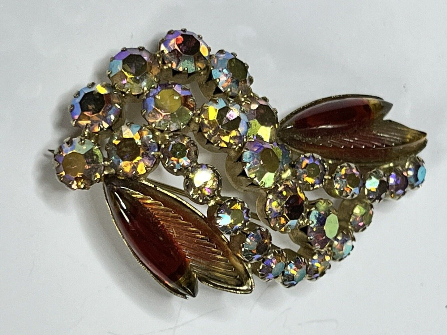 Vintage Red Glass Aurora Borealis Signed Gold Tone Brooch