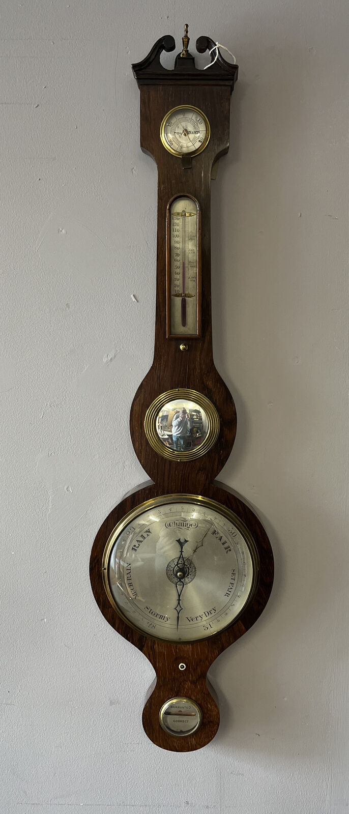 Victorian Barometer In Rosewood Case, Convex Glass, Silvered Dials.