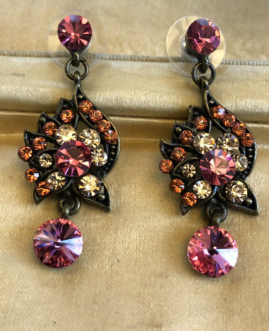 Vintage Multicoloured Pinks Diamanté Drop Earrings