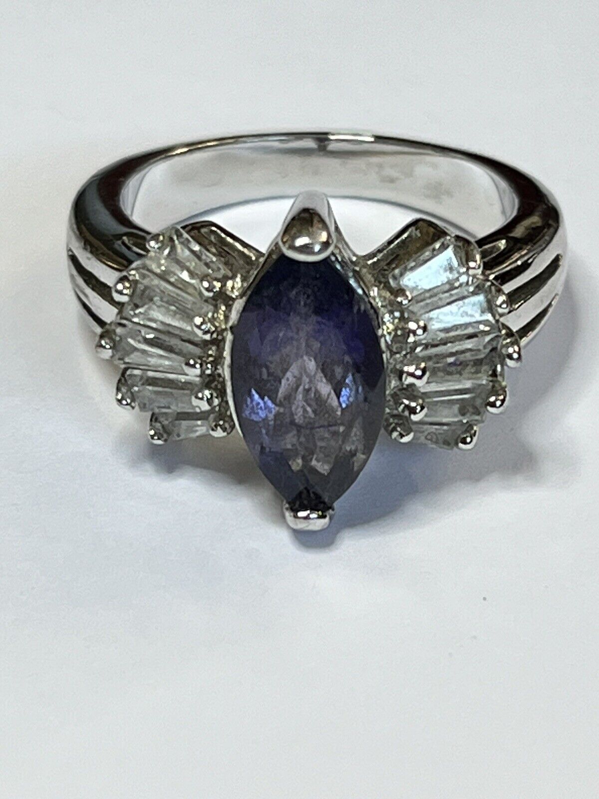 Vintage Silver Tone Purple Clear Stone Ring Size L