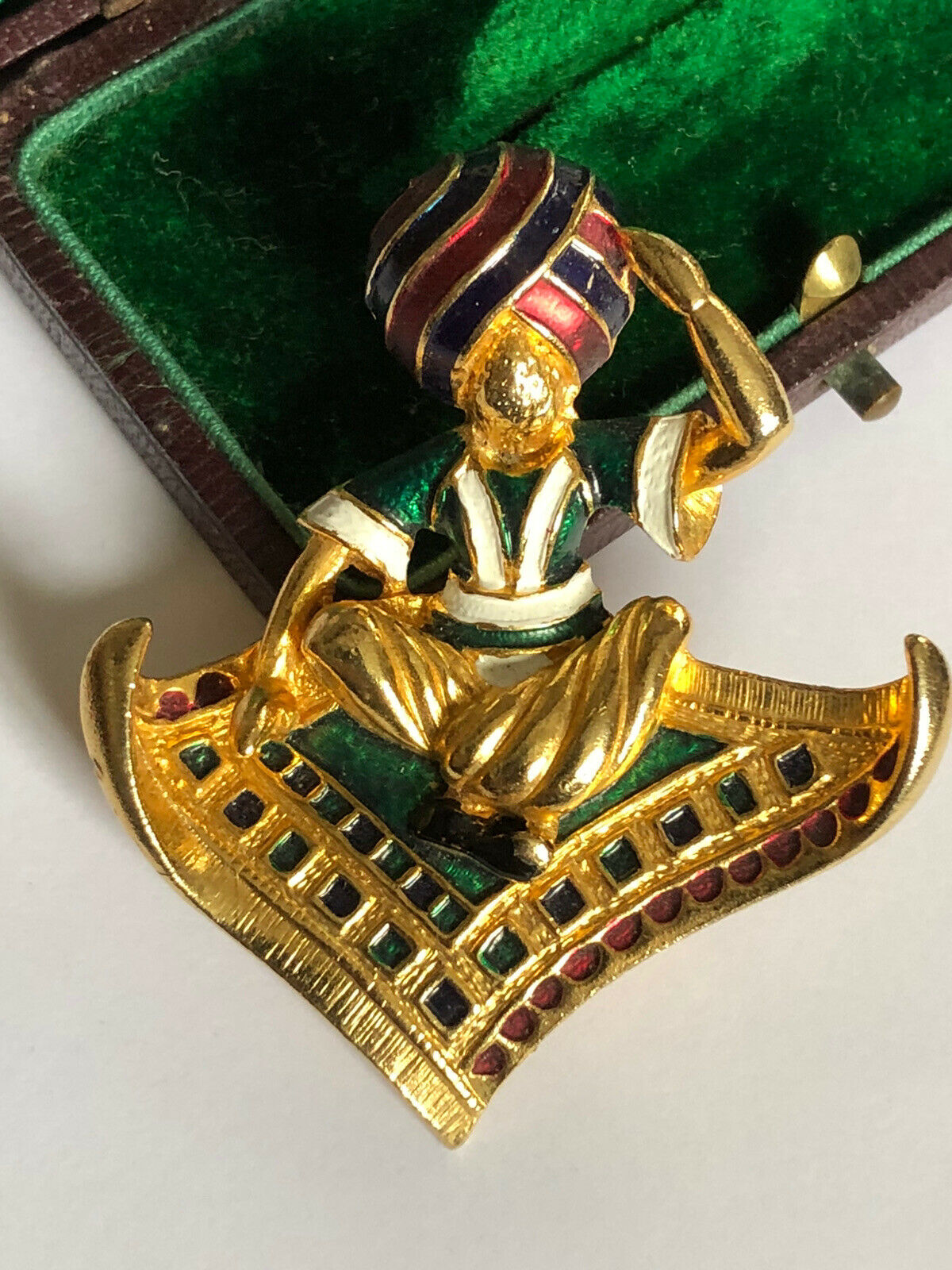 Vintage Gold Tone Enamelled Man On Flying Carpet