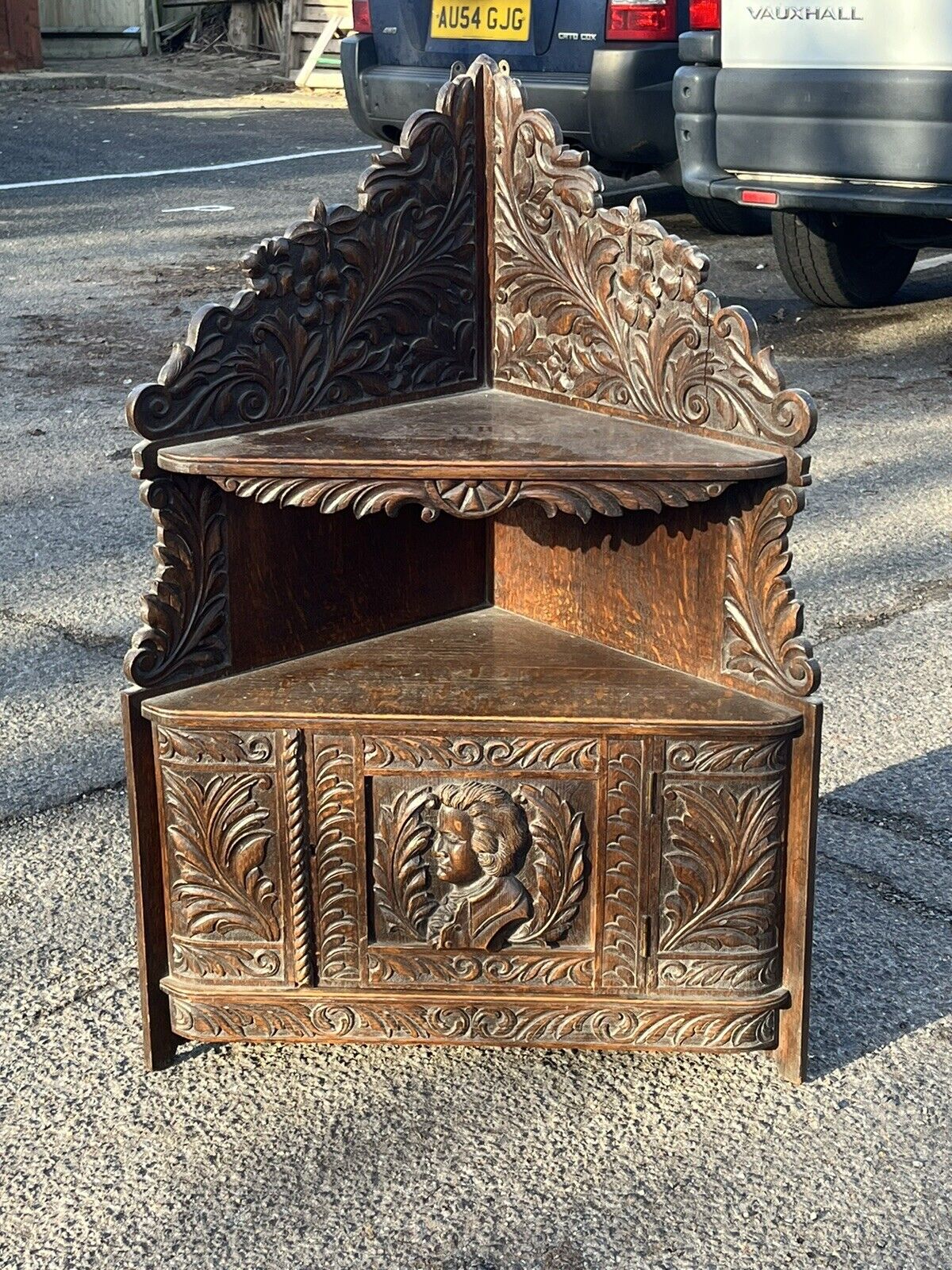 Victorian Corner Wall Cabinet, In Oak With Fine Carved Figure And Decoration.