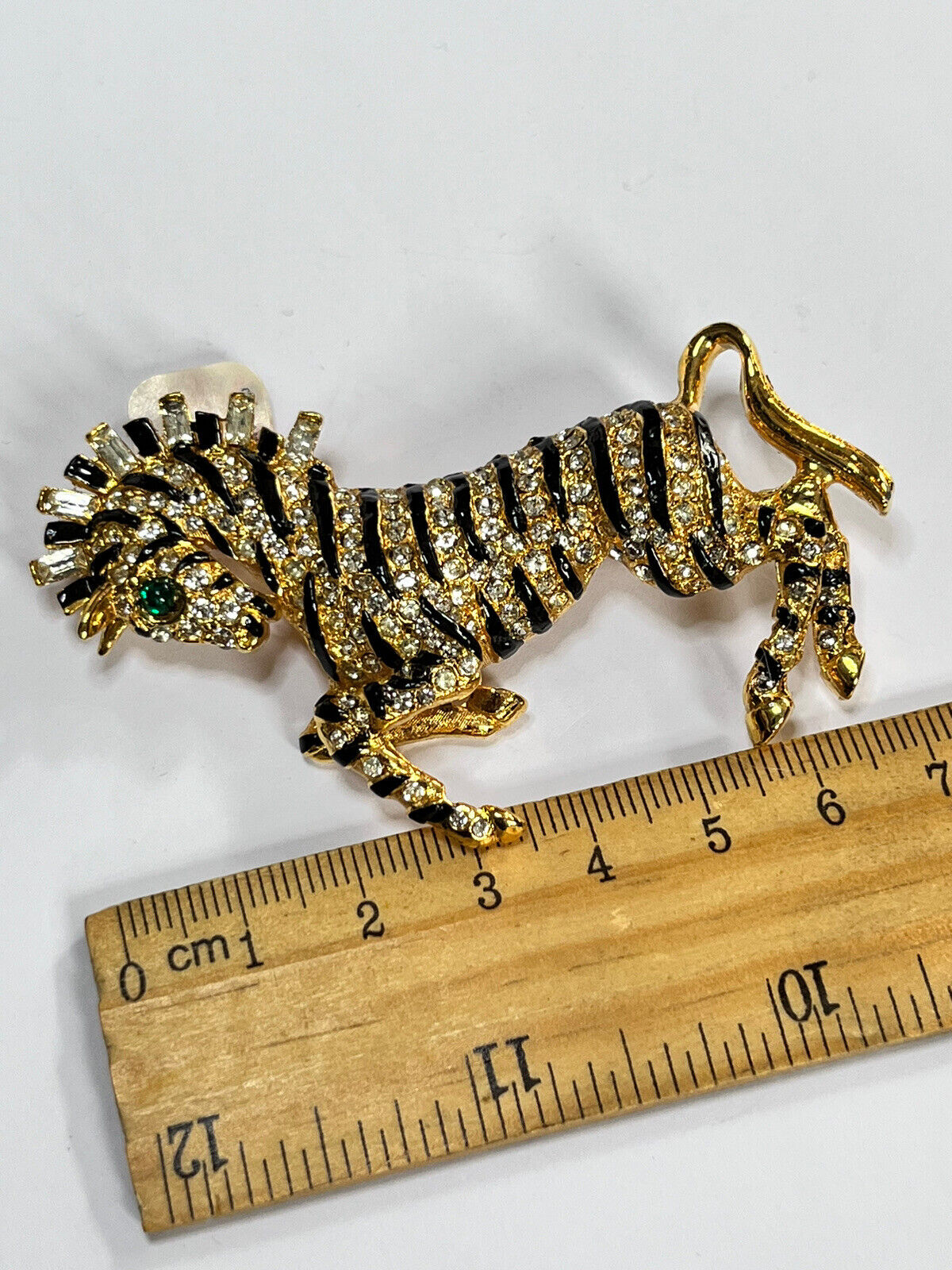 Vintage Gold Tone Diamanté Enamel Stylised Zebra Brooch