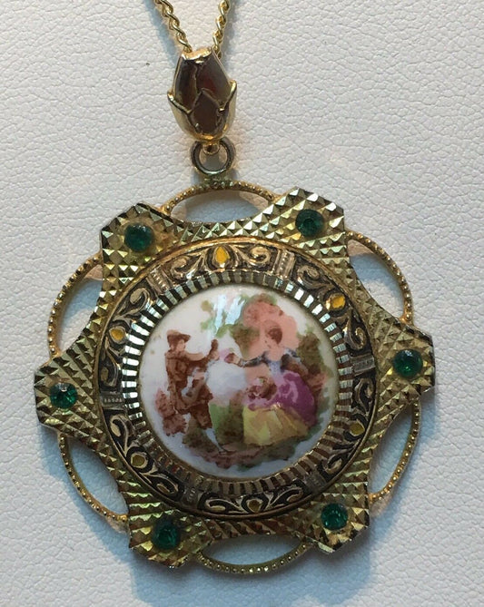 Vintage Gold Tone Painted Scene On Pendant Necklace