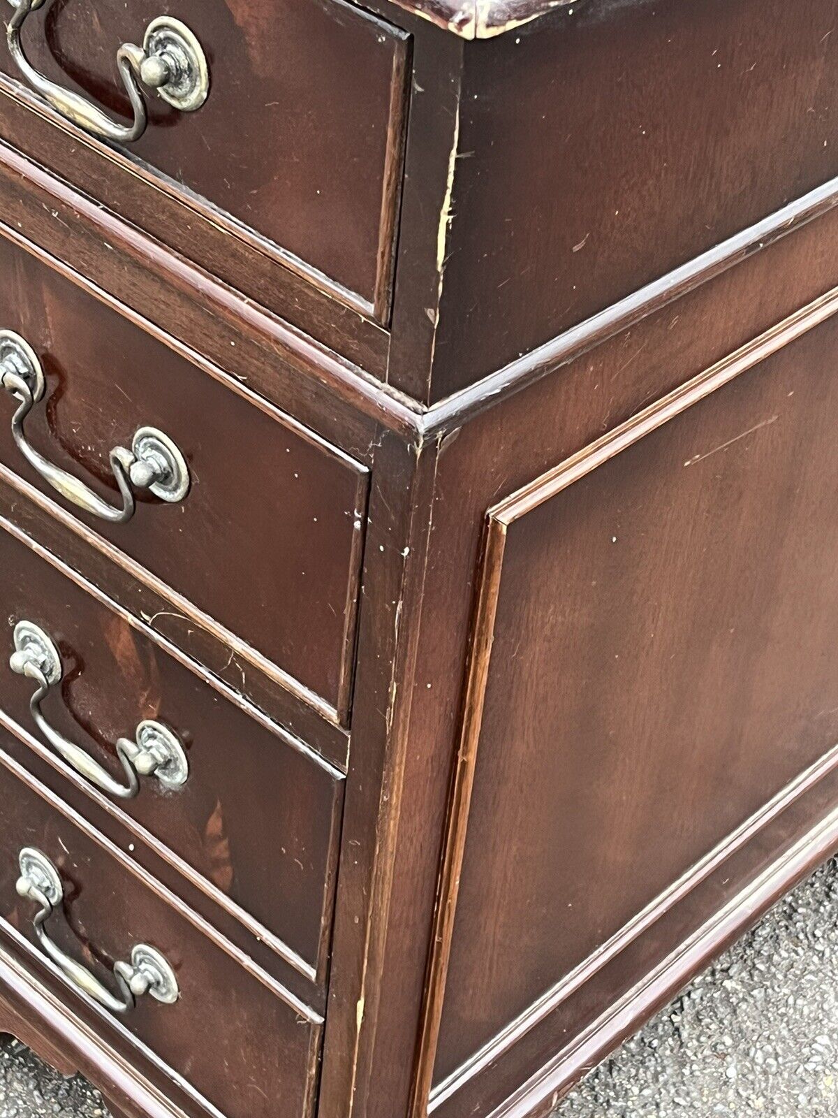 Pedestal Desk In Flame Veneer Mahogany With Green Leather Top.