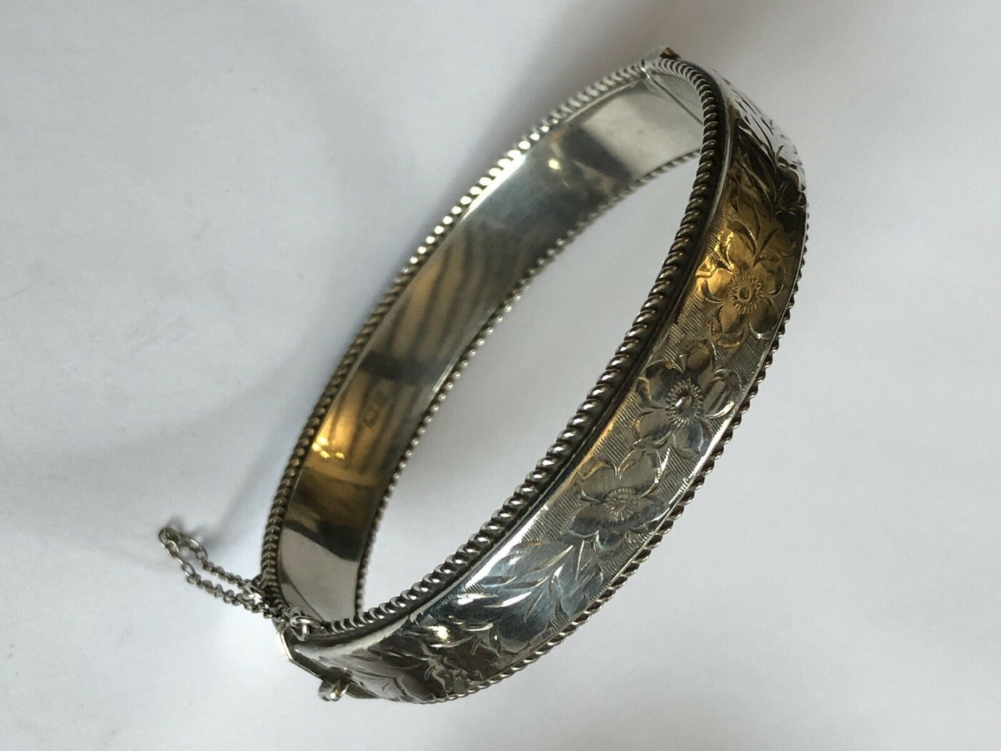 Vintage Silver 925 Etched Flowers Bangle Bracelet