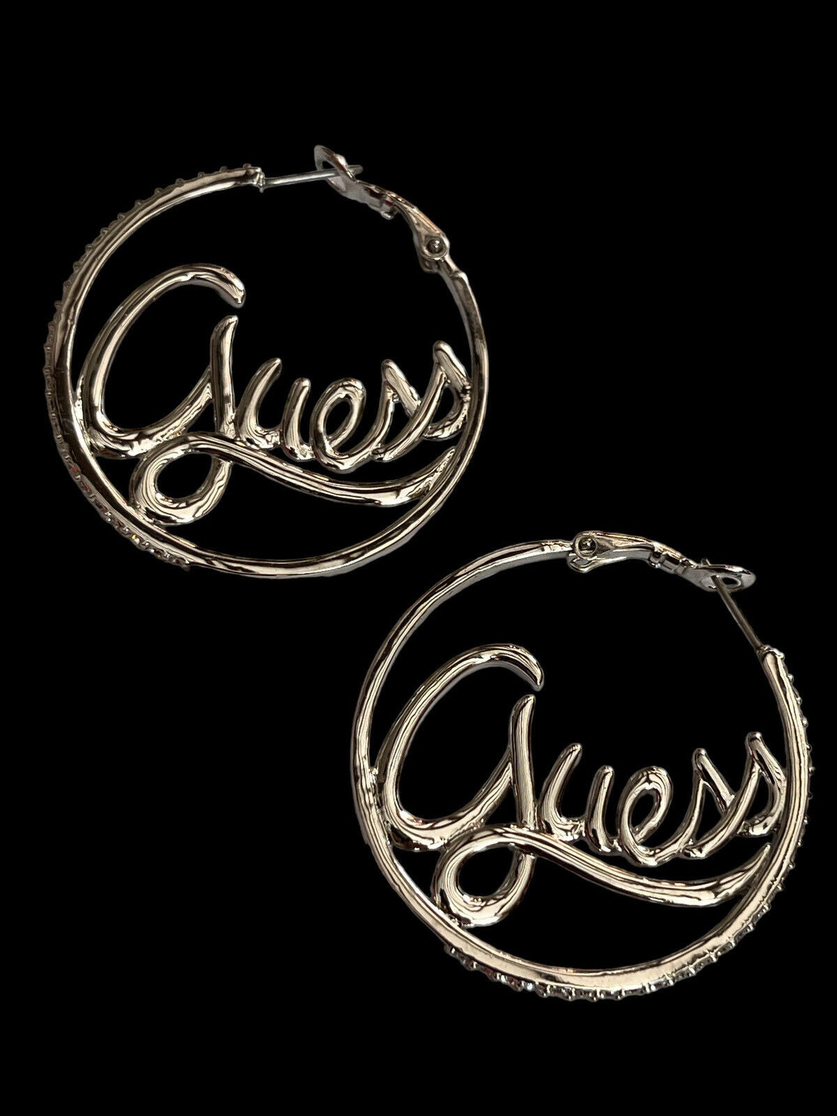 Vintage Guess Signed Silver Tone Diamanté Hoop Earrings