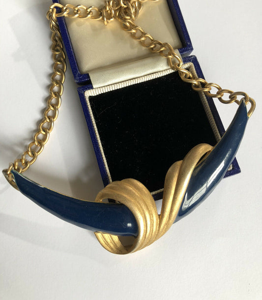 Vintage Matt Gold Tone Blue Enamel Stylised Necklace