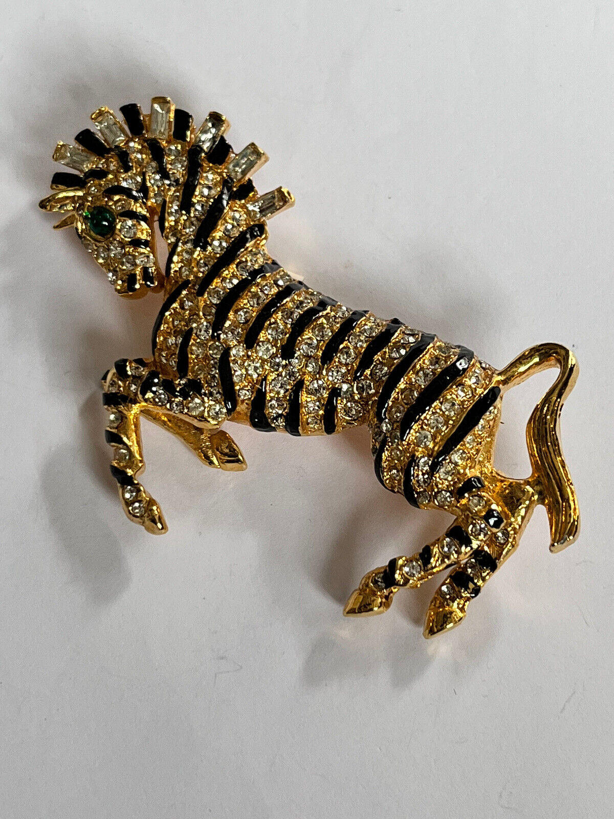 Vintage Gold Tone Diamanté Enamel Stylised Zebra Brooch