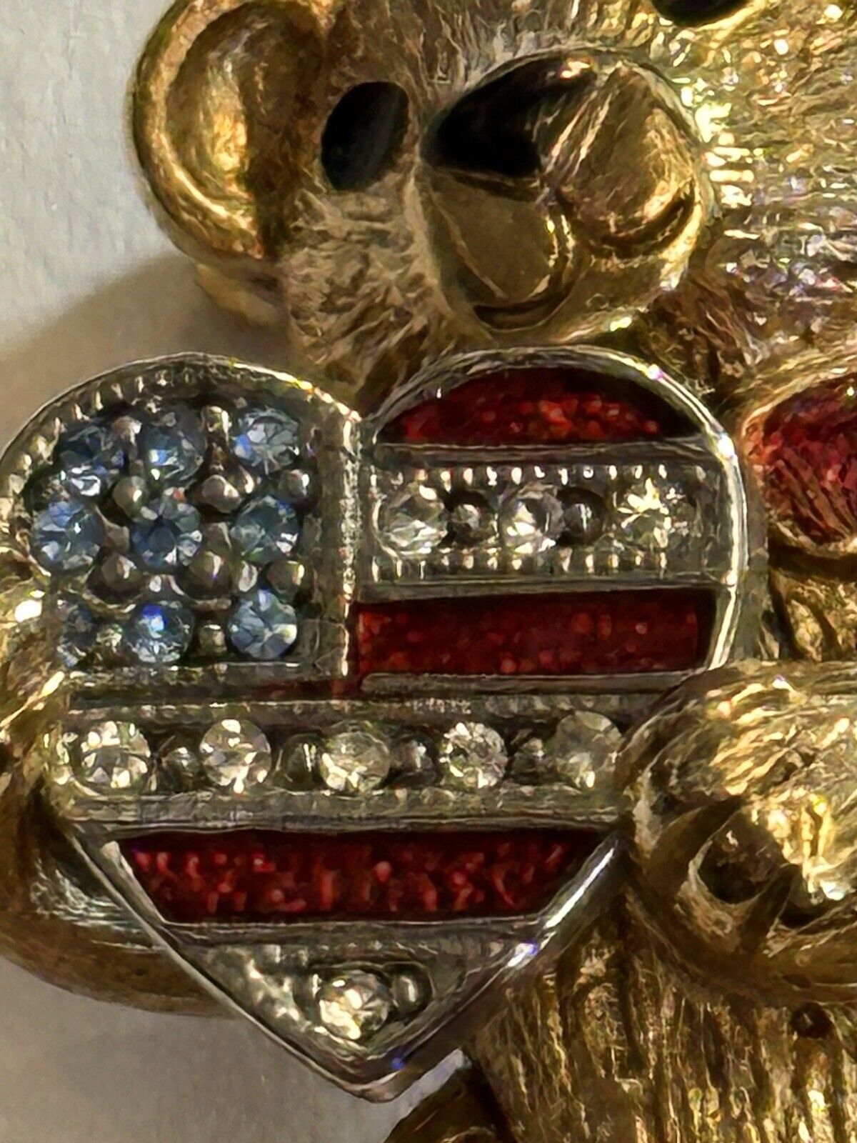 Vintage Gold Tone Signed Christopher Radko Teddy USA Flag Brooch