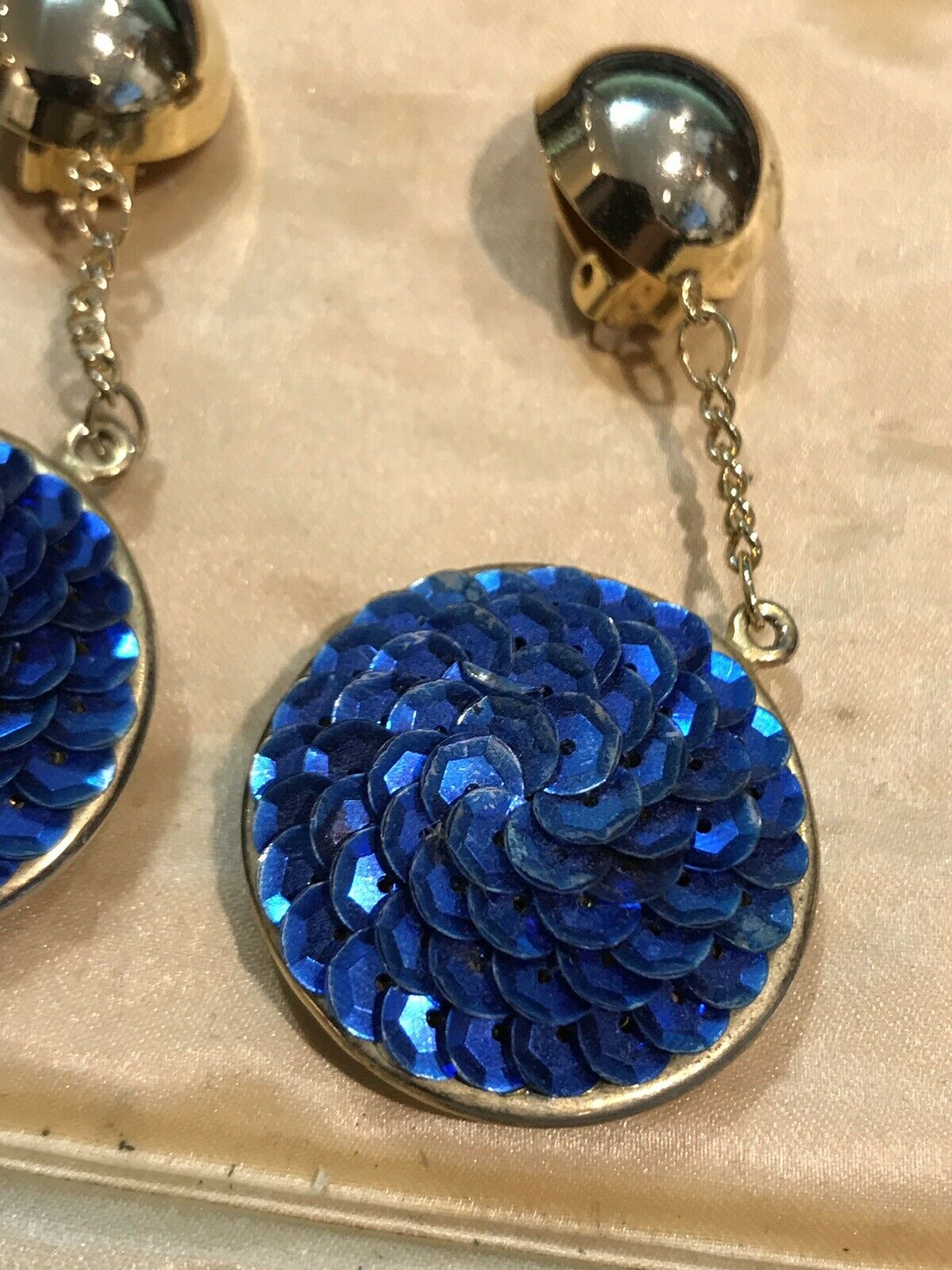 1980s Statement Drop Clip On Earrings Blue Sequin