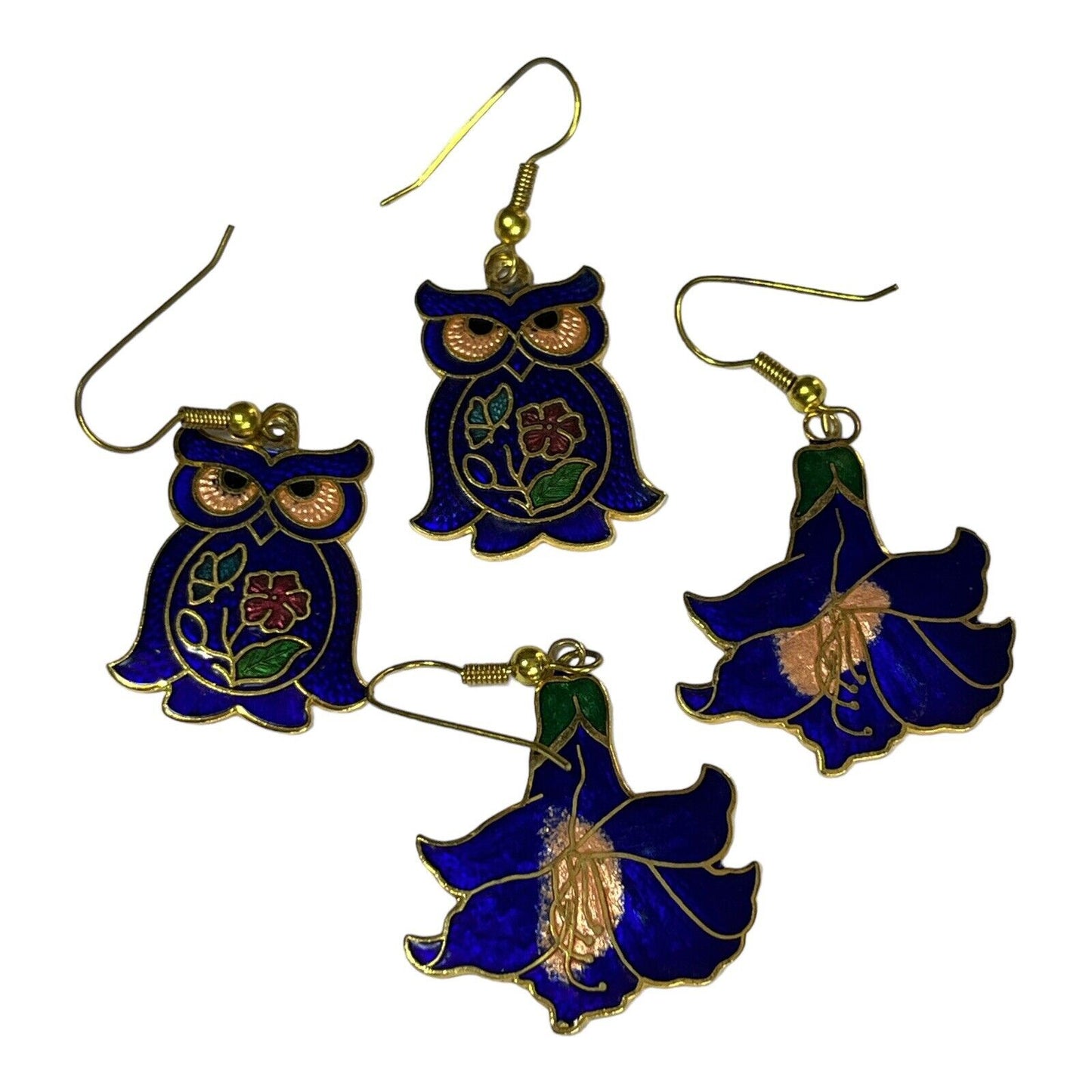 Vintage Enamel Owl And Flowers Drop Earrings Set Of Two