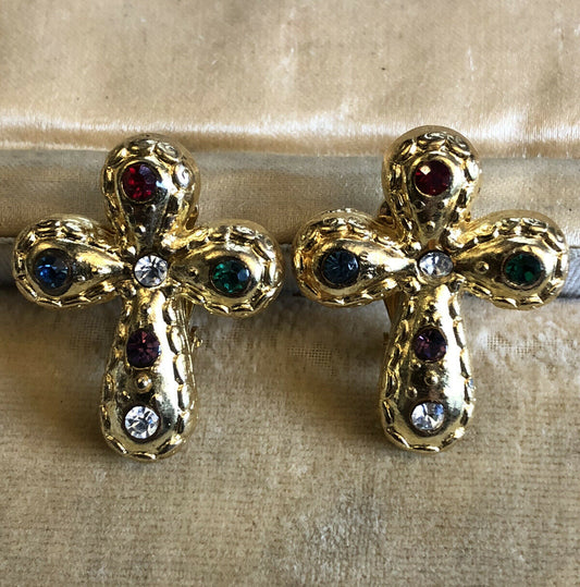 Vintage 1980s Gold Tone Diamanté Cross Clip On Earrings