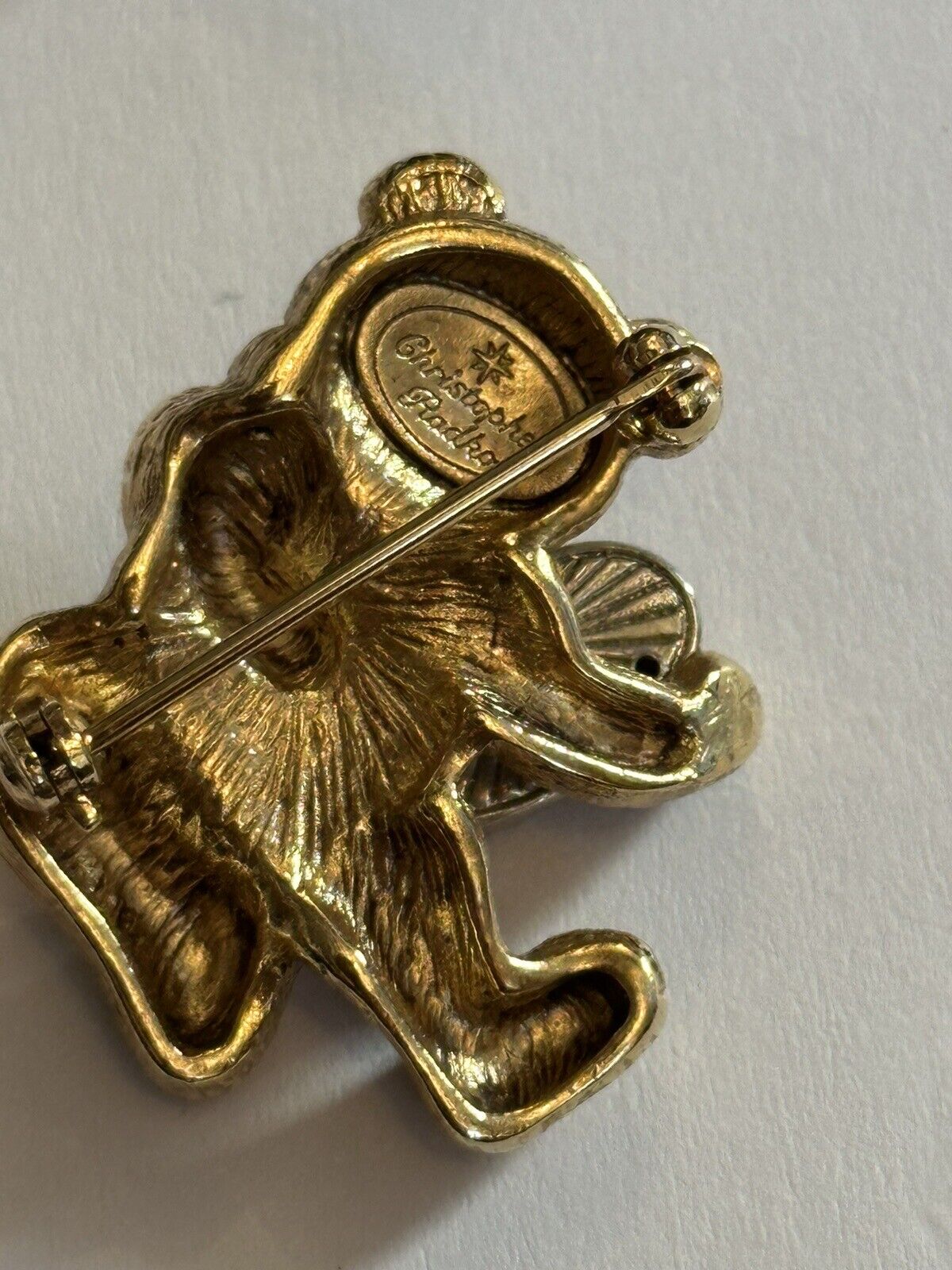 Vintage Gold Tone Signed Christopher Radko Teddy USA Flag Brooch